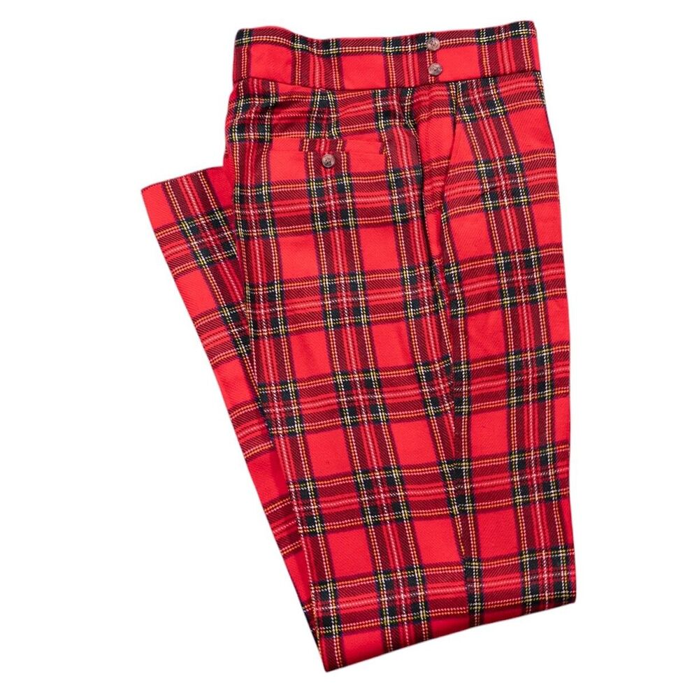 Mens 32 Red Tartan Plaid Wool Gurkha Pants High Waist Flat Front Dress Trousers